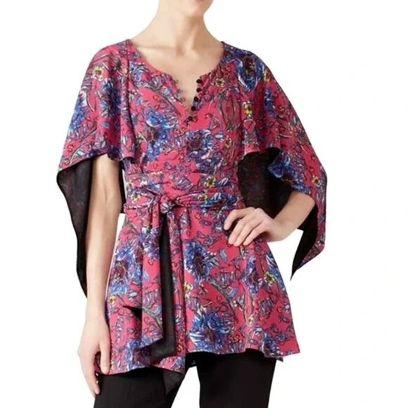 Prabal Gurung Tops - PRABAL GURUNG Collective Pink Floral Cape-Sleeve Tunic Blouse Belted - Size 6